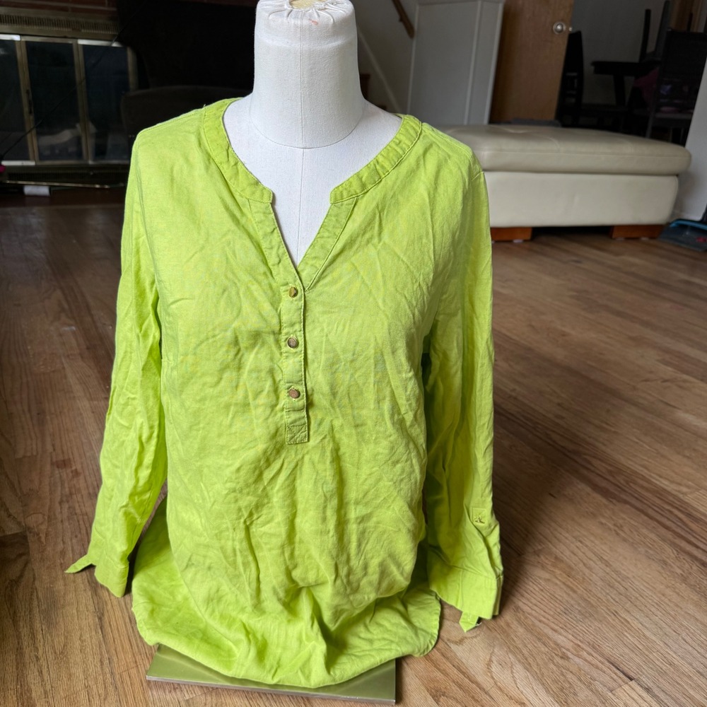 Emily Daniels Lime Green Linen Blend Henley Tunic Top Roll Tab Sleeve‎ Womens M